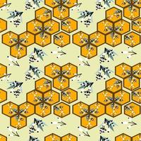 Flat, seamless pattern design of hexagonal graphic looks like a honeycomb in soft yellow and dark brown color and small flowers. Tile, paper or fabric style. vector