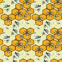 Flat, seamless pattern design of hexagonal graphic looks like a honeycomb in soft yellow and dark brown color and small flowers. Tile, paper or fabric style. vector