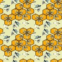 el diseño de patrón plano y sin costuras del gráfico hexagonal parece un panal de color amarillo suave y marrón oscuro y flores pequeñas. estilo azulejo, papel o tela. vector