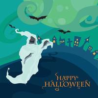 Graveyard and high spooky with lights and ghosts landscape. halloween city landscape scene vector