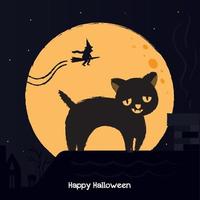 Halloween illustration with black cat on moon background. vector