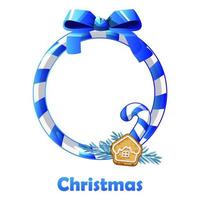 Christmas blue frame reward of candy with cookie for the game. Vector illustration frame with bow for victory ui.