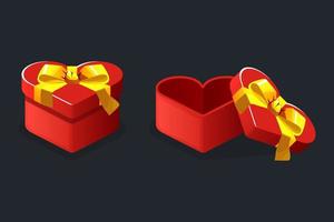 Open and closed red heart shaped gifts boxes for games. Vector illustration set empty box with bow graphic element.