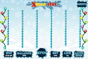 Christmas slot gui menu spin, screen for the game. Vector illustration New Years background with snow and garland.