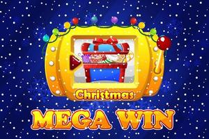 Christmas slot machine, chest with sweets, mega win screen for the game. Vector illustration golden jackpot machine with a garland on a snowy background.