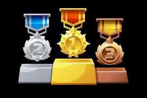 Ranked podium medals are silver, bronze and gold for the game. Vector set of different awards trophies for the winners.