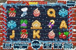 Christmas Slot, game UI interface menu and icons. Vector festive illustration Complete menu for casino game.