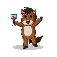 Cute Horse Cartoon Holding a Glass of Drink. Horse Icon Concept. Flat Cartoon Style. Suitable for Web Landing Page, Banner, Flyer, Sticker, Card vector
