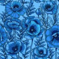 violet blue poppies seamless vector pattern, flowers, leaves and stems