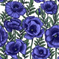 amapolas azules violetas patrón vectorial sin costuras, flores, hojas y tallos vector