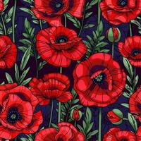 scarlet red poppies, flowers, leaves and stems, seamless vector pattern