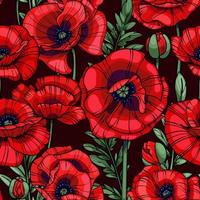 scarlet red poppies, flowers, leaves and stems, seamless vector pattern