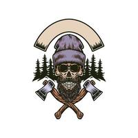 Lumberjack bearded skull with two axes, hand drawn line with digital color, vector illustration