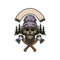 Lumberjack bearded skull with two axes, hand drawn line with digital color, vector illustration