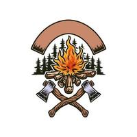 Bonfire with two axes, hand drawn line with digital color, vector illustration