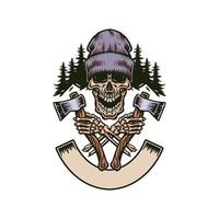 Lumberjack screamed skull with two axes, hand drawn line with digital color, vector illustration