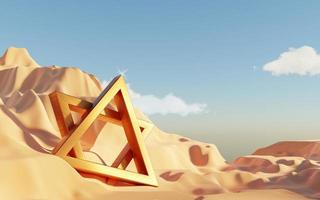 Abstract Dune cliff sand with metallic Arches and clean blue sky. Surreal minimal Desert natural landscape background. Scene of Desert with glossy metallic arches geometric design. 3D Render. photo