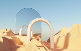 Abstract Dune cliff sand with metallic Arches and clean blue sky. Surreal minimal Desert natural landscape background. Scene of Desert with glossy metallic arches geometric design. 3D Render. photo