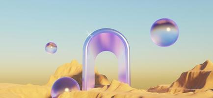 Abstract Dune cliff sand with metallic Arches and clean blue sky. Surreal minimal Desert natural landscape background. Scene of Desert with glossy metallic arches geometric design. 3D Render. photo