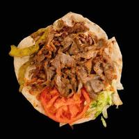 tiro de producto de doner kebab turco, fondo negro bokeh foto