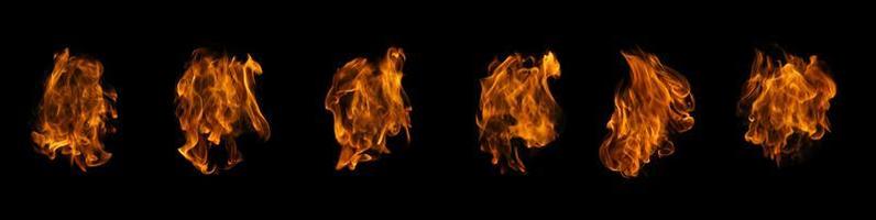 Fire collection set of flame burning isolated on dark background for graphic design usage photo