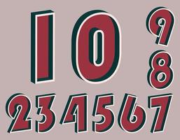 Set of numbers from 0 to 9 with 3D effect in retro style. Well red and Deep Teal colors vector