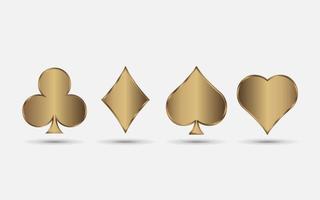 Gold playing card suits, spade, heart, club and diamond vector set for your design or logo. Realistic deck cards isolated on white background