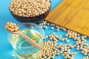 soybean and oil in a bowl on blue background, selective focus.copy space.front view. photo