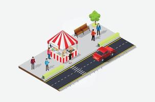 Isometric Street food cafe tent with busy shoppers on the sidewalk. Suitable for Diagrams, Infographics, And Other Graphic asset vector