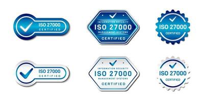 ISO 27000 Certified Label Stamp. Food Information Security Management Systems Sign. With check icon. On gradient blue and white color. Premium and luxury emblem vector template