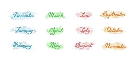 Set of Names of Months on Sketchy Backgrounds With Leaves vector