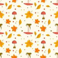 Autumn seamless pattern with orange maple, rowan leaves and fly agaric mushrooms with red caps and white dots. Bright fall print. Decoration for holiday. Vector flat illustration
