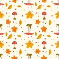 Autumn seamless pattern with orange maple, rowan leaves and fly agaric mushrooms with red caps and white dots. Bright fall print. Decoration for holiday. Vector flat illustration