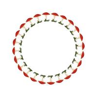 Round frame with red fly agaric mushroom with white dots. Bright autumn wreath with gifts of nature and empty space for text. Decoration for halloween and holiday. Vector flat illustration
