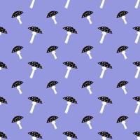 Seamless pattern with black fly agaric mushrooms with white dots on purple background. Bright fashion fly agaric print vector