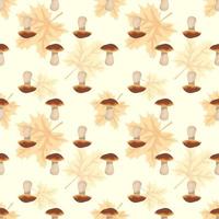 Set of seamless patterns with mushrooms and pale orange maple leaves together and separately on yellow background. Bright autumn print with gifts of nature. Vector flat illustration