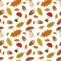 Seamless pattern with acorns, fly agaric mushroom with red cap and oak leaves. Bright autumn print with nature and forest plants on white background. Vector flat illustration