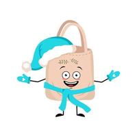 Cute bag character in Santa hat with happy emotion, joyful face, smile eyes, arms and legs. Shopper person with funny expression and pose. Vector flat illustration