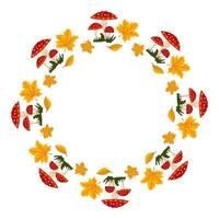 Round frame with red fly agaric mushroom with white dots and yellow maple leaves. Bright autumn wreath with gifts of nature and empty space for text. Decoration for halloween and holiday vector