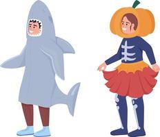 disfraces para niños juego de caracteres vectoriales de color semiplano. figuras editables. personas de cuerpo completo en blanco. colección de ilustraciones de estilo de dibujos animados simples de halloween para diseño gráfico web y animación vector