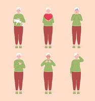 Senior women with different moods semi flat color vector characters set. Editable figure. Full body people. Simple cartoon style illustration for web graphic design and animation collection
