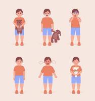 niños pequeños que muestran sentimientos conjunto de caracteres vectoriales de color semiplano. figura editable. expresiones de personas de cuerpo completo. ilustración de estilo de dibujos animados simple para diseño gráfico web y colección de animación vector