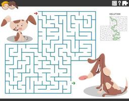 maze puzzle with cartoon adult dog and cute little puppy vector