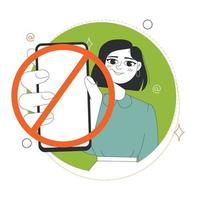 A young woman is holding a smartphone with a warning prohibition restriction sign. Do not use a smartphone. Vector stock illustration isolated on green circle background. Copy space.