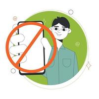 A young man is holding a smartphone with a warning prohibition restriction sign. Do not use a smartphone. Vector illustration isolated on green circle background. Copy space.