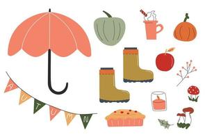 A collection of hand-drawn autumn elements. Umbrella, latte, pumpkin, leaves, apple, pie, candle, mushrooms. Vector stock illustration isolated on white background