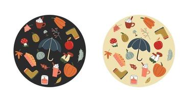 A round circle shape with a collection of hand drawn autumn elements on a light and dark background. Vector stock illustration. Umbrella, latte, pumpkin, leaves, apple, pie, candle, mushroom.