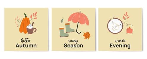 Hello autumn. Rainy season. Warm evening greeting hand drawn card poster template. Minimalist postcard with pumpkin, umbrella, needlework. Vector illustration in flat cartoon style.