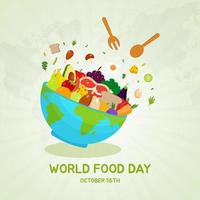 día mundial de la alimentación 16 de octubre con mapas tazón cuchara tenedor comidas frutas y verduras ilustración sobre fondo aislado vector