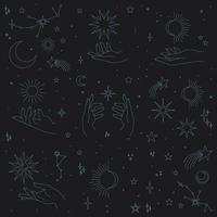 Mystical and Celestial elements with stars, planets, moons and hands. Cosmic starry zodiac elements. Occult, Esoteric vector design.